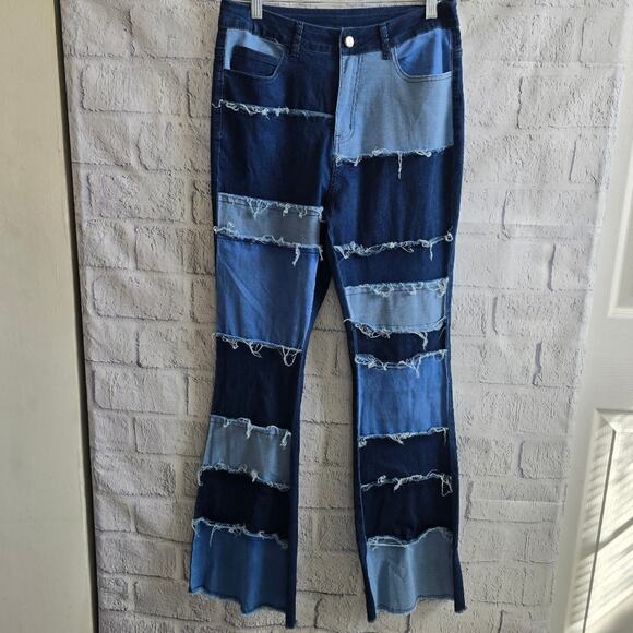 None Denim - Patchwork Flare High Waisted Blue Denim Jeans Medium